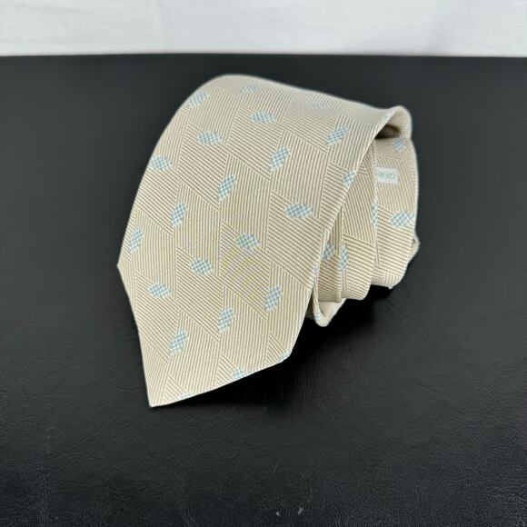 Giorgio Armani Vintage 100% Silk Tan Blue Pattern Classic Tie - Picture 1 of 4